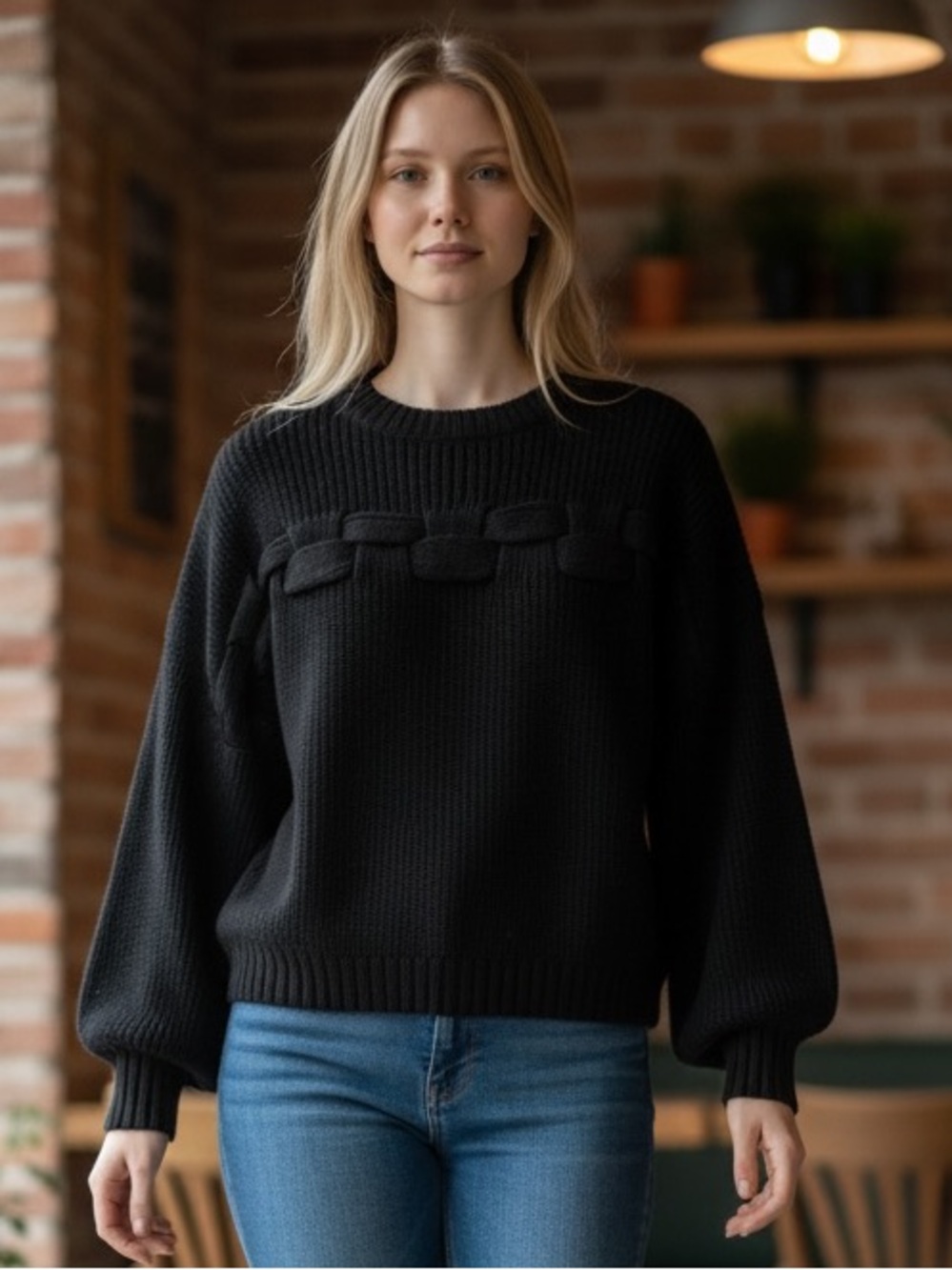 Renee C. Black Crewneck Sweater with Braided Detail